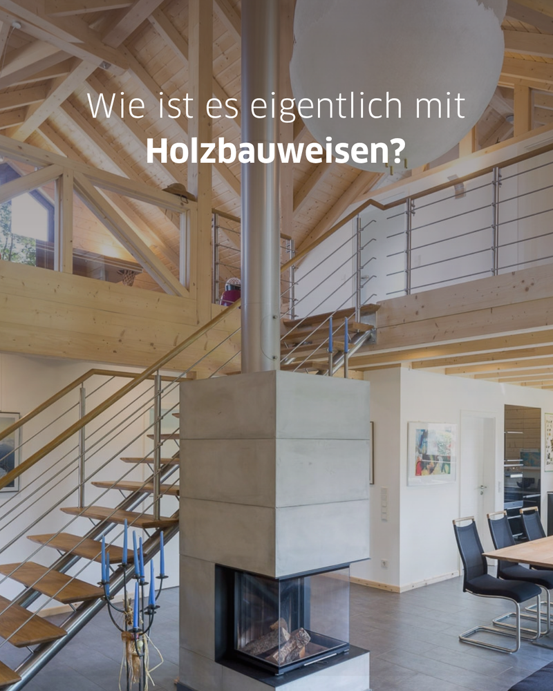 Offener Innenraum eines Holzhauses mit sichtbaren Holzbalken, Galerie, Treppe und zentralem Kamin. Im Bild steht „Wie ist es eigentlich mit Holzbauweisen?“.