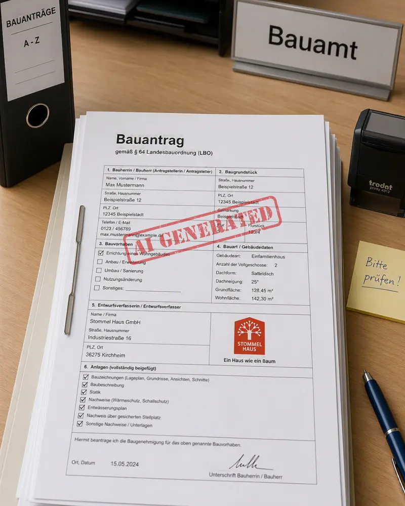 Ein ausgefüllter Bauantrag liegt auf einem Schreibtisch im Bauamt, verschiedene Angaben zum Bauvorhaben sind eingetragen, ein Stempel mit „Genehmigt“ ist sichtbar