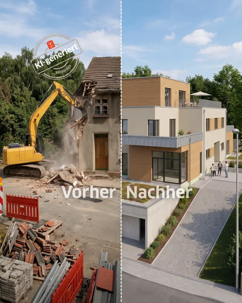 Geteilte Darstellung eines Wohnprojekts. Links der Rückbau eines älteren Wohnhauses mit Bagger, rechts die Visualisierung eines modernen Neubaus mit großzügigen Fensterflächen, Terrassen und zeitgemäßer Architektur.