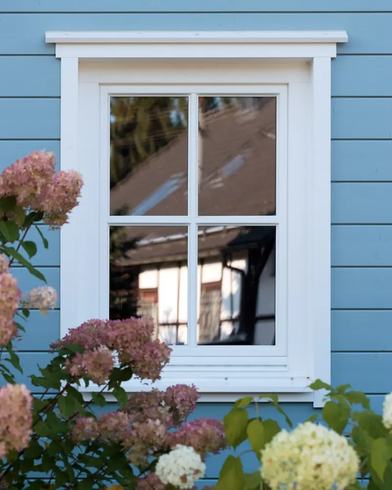 Detailaufnahme einer blauen Holzhaus-Fassade mit weißem Sprossenfenster, blühenden Hortensien im Vordergrund und Spiegelung im Glas.