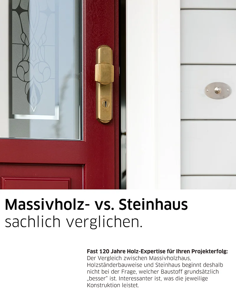 Detail einer roten Haustür mit Messinggriff und weißer Holzfassade, darunter die Überschrift „Massivholz vs. Steinhaus sachlich vergleichen“.