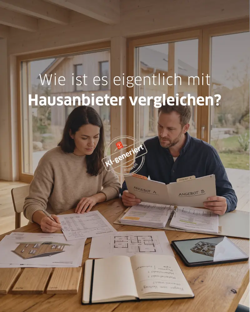 Bauinteressierte vergleichen zwei Hausangebote an einem Holztisch mit Bauplänen, Leistungsbeschreibungen und Notizen in einem modernen Holzhaus. Der Fokus liegt auf der Entscheidung zwischen verschiedenen Hausanbietern.