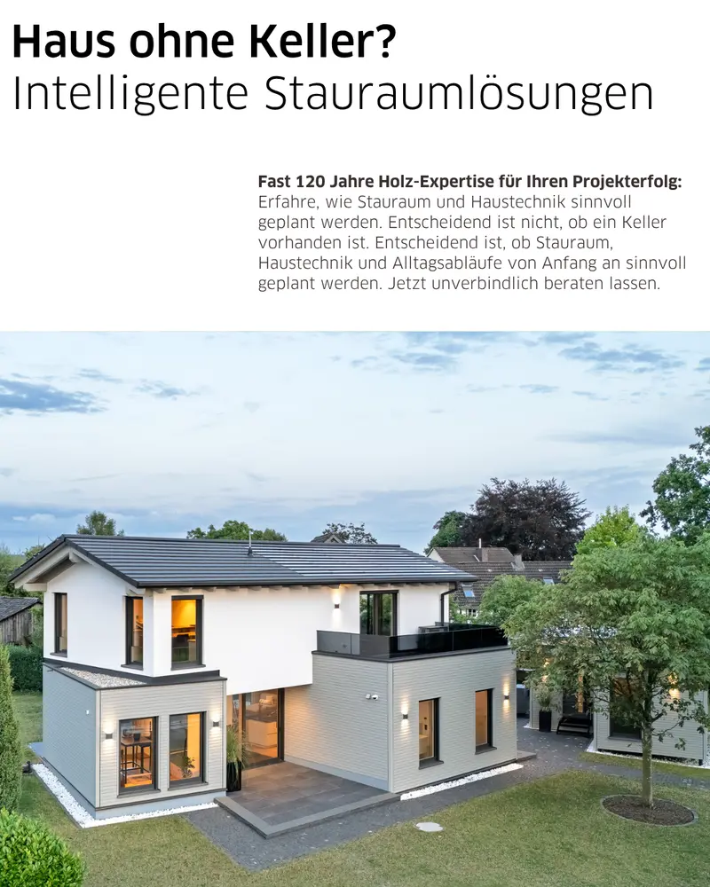 Modernes Einfamilienhaus ohne Keller mit durchdachter Grundrissplanung. Der Fokus liegt auf einer platzsparenden Unterbringung von Stauraum und Haustechnik innerhalb des Hauses als Alternative zum klassischen Keller.