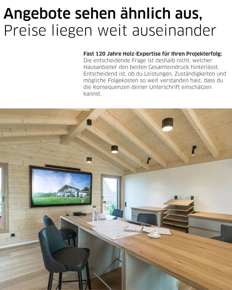 Moderner Beratungsraum aus Holz mit Bauplänen, Hausentwürfen und Präsentationsbild eines Wohnhauses. Das Bild zeigt die professionelle Vorbereitung einer Hausanbieter- und Projektentscheidung.