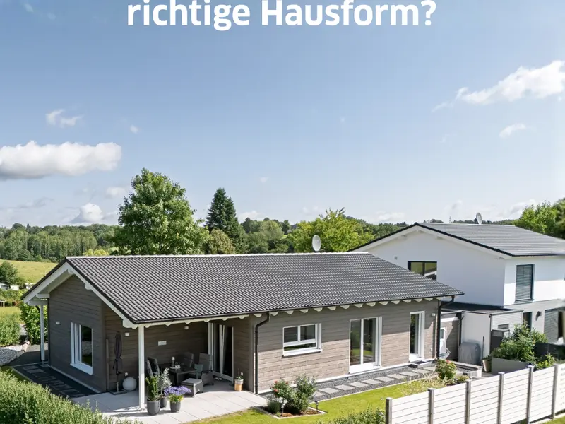 Moderner Holzhaus-Bungalow mit überdachter Terrasse und Garten auf einem großzügigen Grundstück. Das Bild veranschaulicht die Frage, welche Hausform zu den individuellen Anforderungen von Grundstück, Budget und Lebensphase passt.