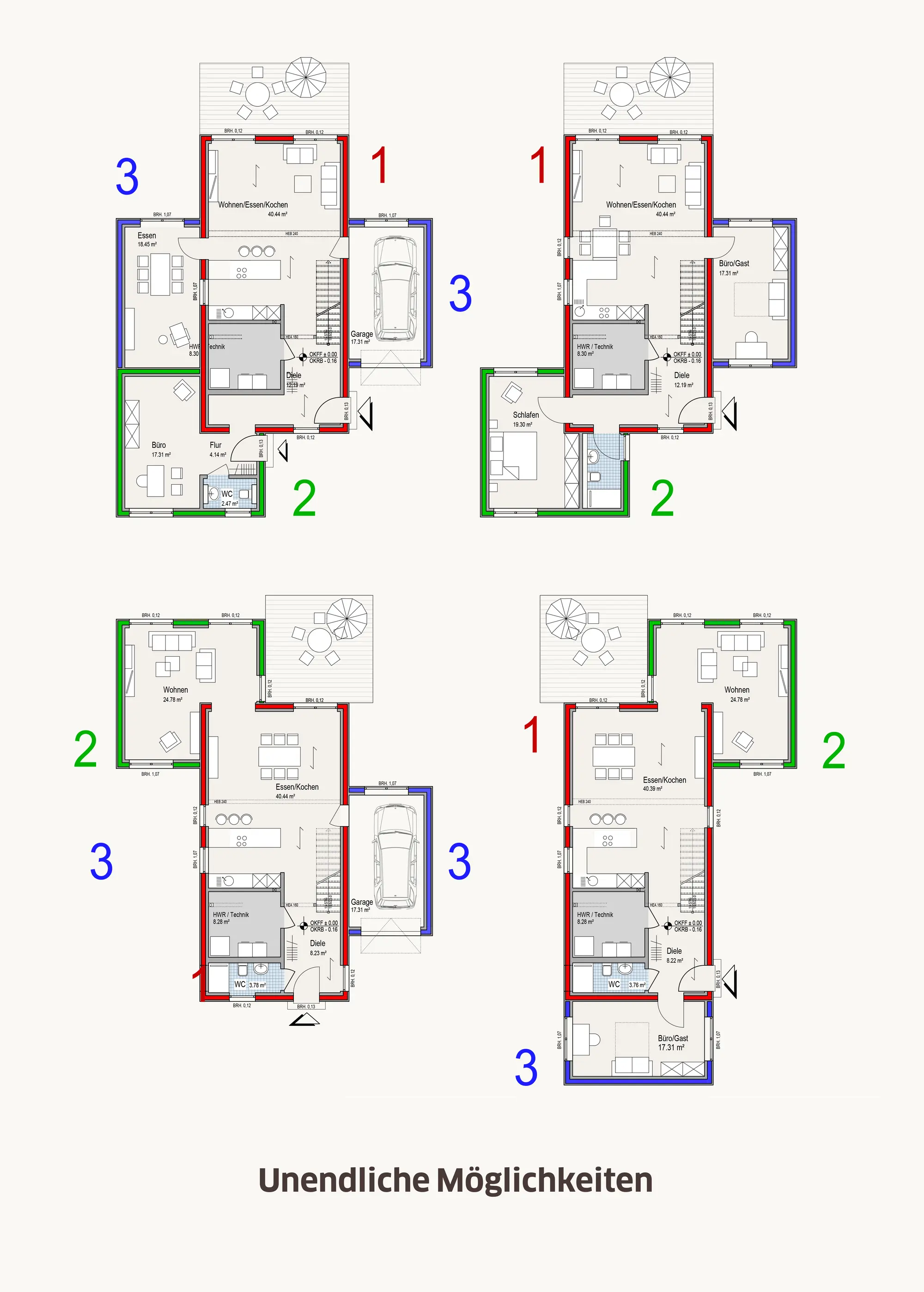 Vier schematische Grundrissvarianten im Stommel-Haus-Holzbausystem mit flexibler Raumaufteilung.