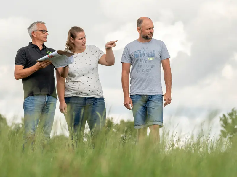  Drei Personen gehen über ein unbebautes Grundstück, eine Person hält Baupläne und zeigt auf einen Punkt im Gelände, während die anderen aufmerksam zuhören und die Situation des Bauplatzes bewerten