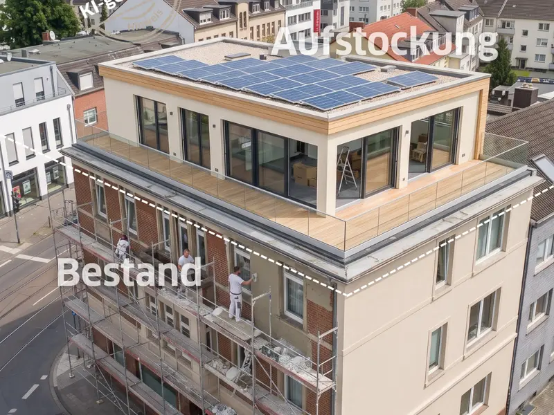 Luftaufnahme eines mehrgeschossigen Bestandsgebäudes mit moderner Dachaufstockung. Das neu entstandene Wohngeschoss verfügt über große Fensterflächen, eine umlaufende Terrasse und eine Photovoltaikanlage auf dem Flachdach.
