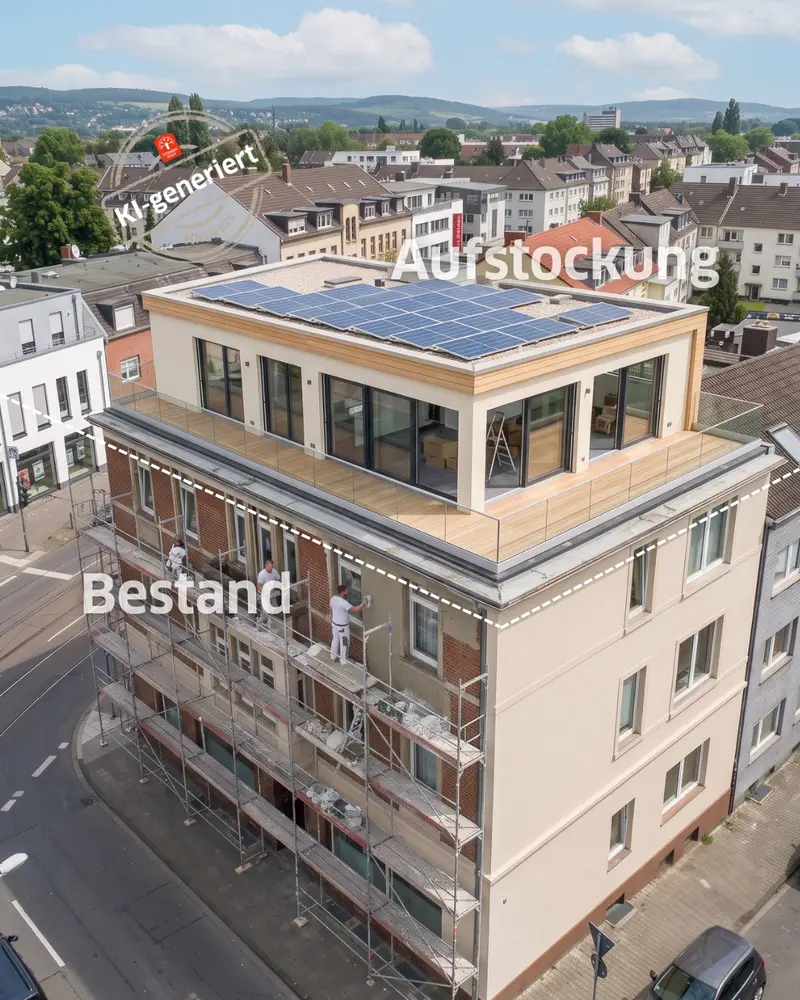 Luftaufnahme eines mehrgeschossigen Bestandsgebäudes mit moderner Dachaufstockung. Das neu entstandene Wohngeschoss verfügt über große Fensterflächen, eine umlaufende Terrasse und eine Photovoltaikanlage auf dem Flachdach.